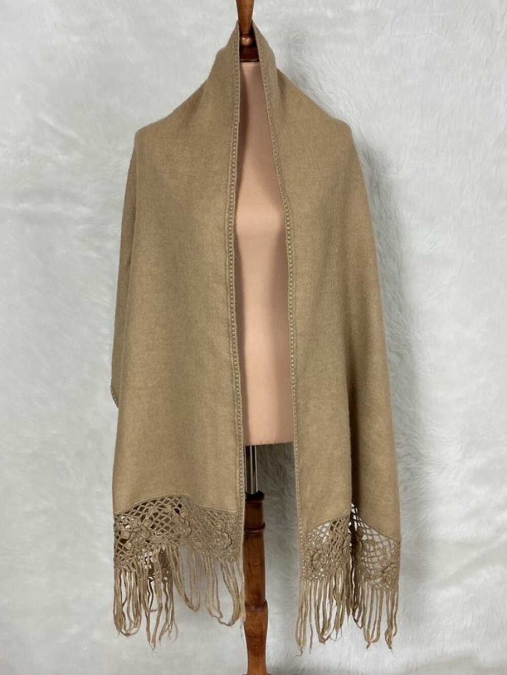 Novica Tan Alpaca Blend Floral Crochet Fringe Winter Scarf Wrap Made in Peru